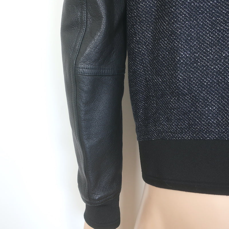 Dior Homme Leather-Sleeve Bomber Jacket Black Tweed Size 48