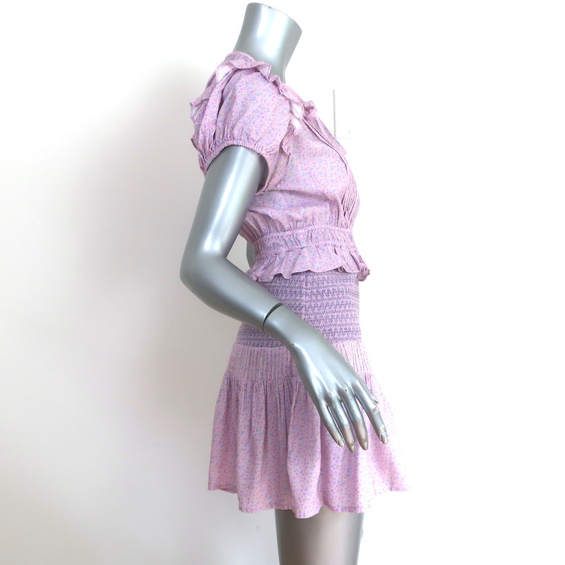 LoveShackFancy Toto Smocked Mini Dress Purple Pansy Print Size Small