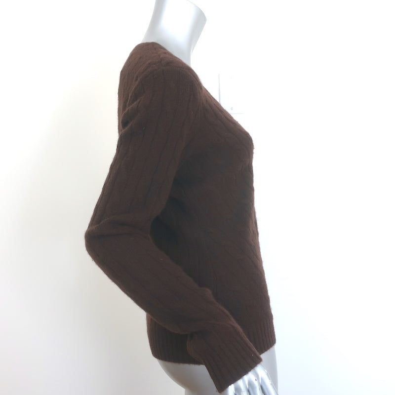 Ralph Lauren Slim Fit Cashmere Cable Knit V-Neck Sweater Dark Brown Size Large