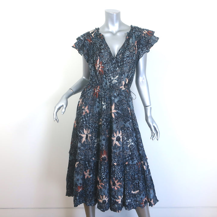 Ulla Johnson Rema Flutter Sleeve Tiered Midi Dress Navy Floral Print Size 6