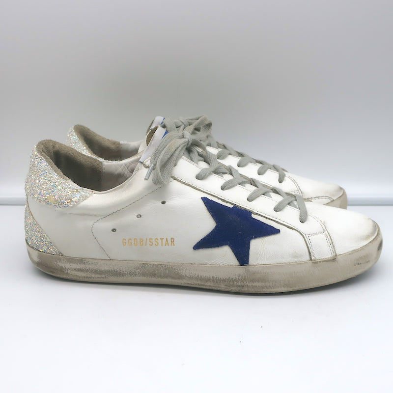 Golden Goose Superstar Glitter Heel Sneakers White Leather &amp; Blue Suede Size 41