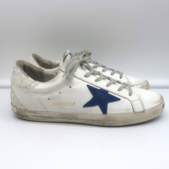 Golden Goose Superstar Glitter Heel Sneakers White Leather &amp; Blue Suede Size 41
