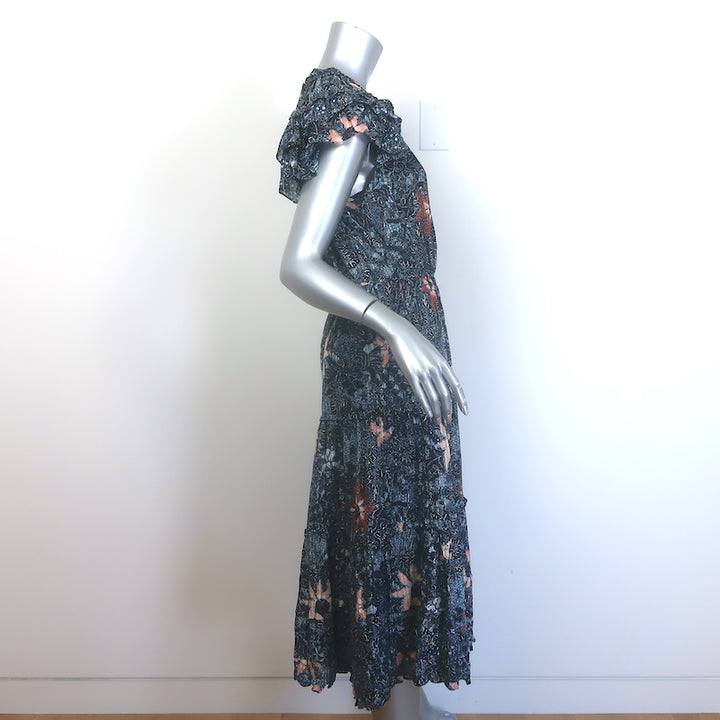 Ulla Johnson Rema Flutter Sleeve Tiered Midi Dress Navy Floral Print Size 6