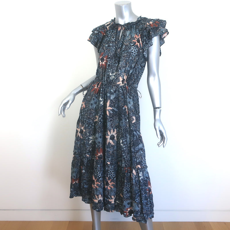 Ulla Johnson Rema Flutter Sleeve Tiered Midi Dress Navy Floral Print Size 6