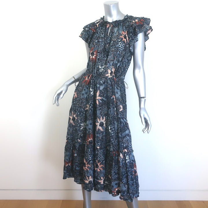 Ulla Johnson Rema Flutter Sleeve Tiered Midi Dress Navy Floral Print Size 6