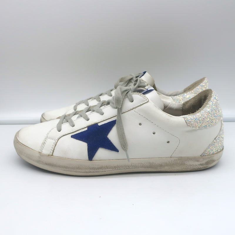 Golden Goose Superstar Glitter Heel Sneakers White Leather &amp; Blue Suede Size 41