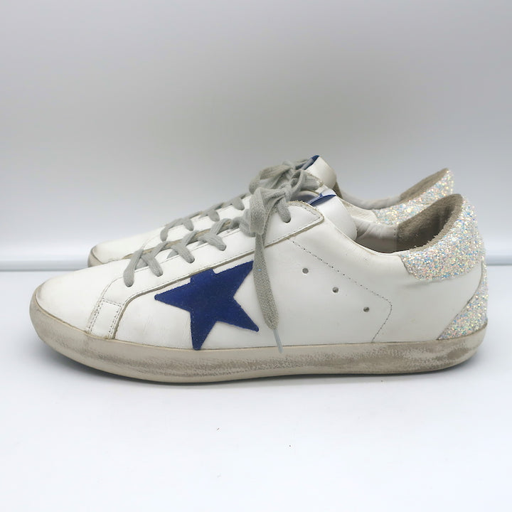 Golden Goose Superstar Glitter Heel Sneakers White Leather &amp; Blue Suede Size 41
