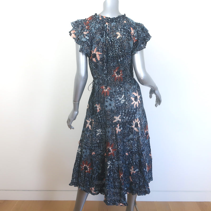 Ulla Johnson Rema Flutter Sleeve Tiered Midi Dress Navy Floral Print Size 6