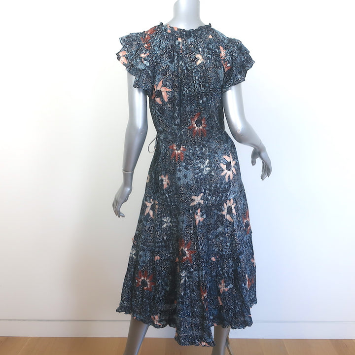 Ulla Johnson Rema Flutter Sleeve Tiered Midi Dress Navy Floral Print Size 6