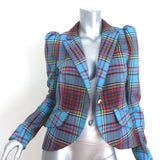 Smythe Puff Sleeve Tartan Blazer Blue Wool Size 6 One-Button Jacket