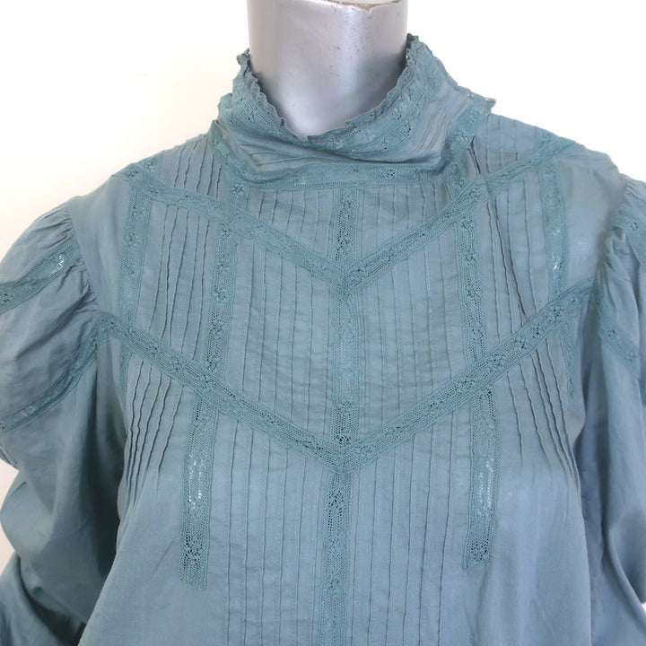 Doen Albertine High Neck Pintucked Top Blue Lace-Trimmed Cotton Size Small