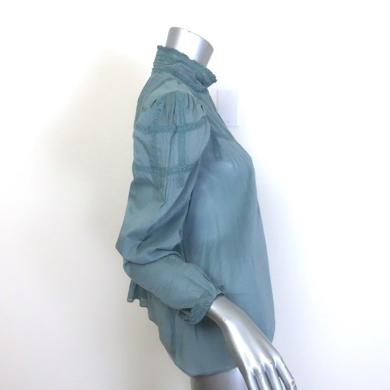 Doen Albertine High Neck Pintucked Top Blue Lace-Trimmed Cotton Size Small