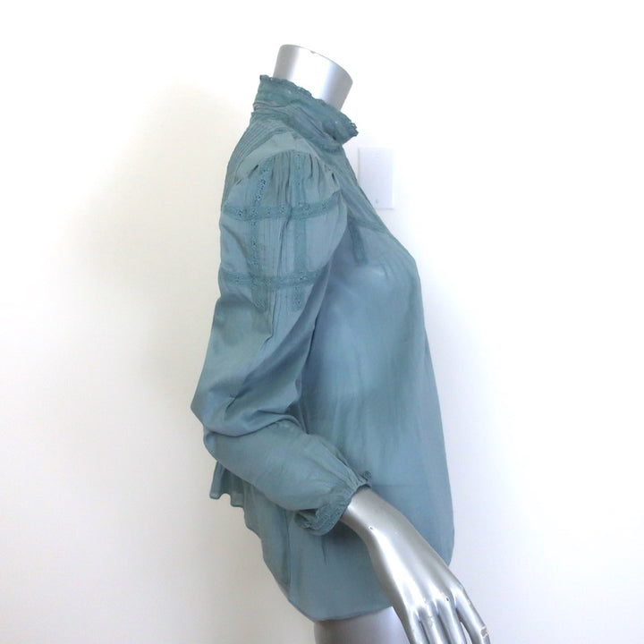 Doen Albertine High Neck Pintucked Top Blue Lace-Trimmed Cotton Size Small