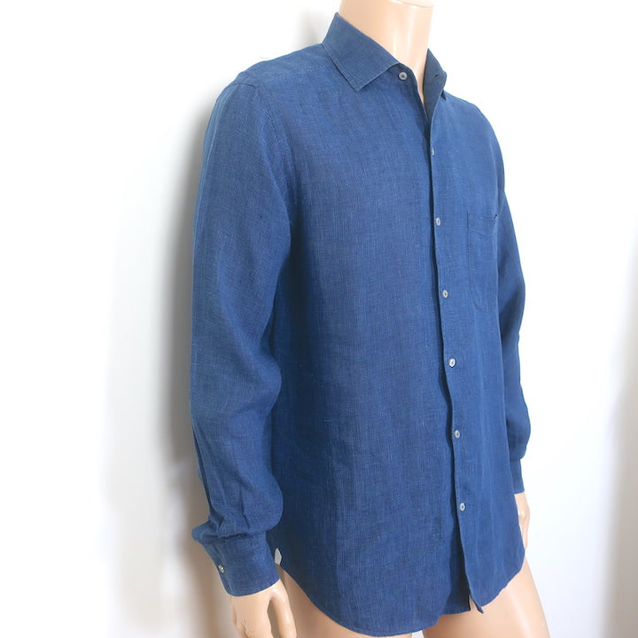 Loro Piana Andre Micro-Check Button Down Shirt Blue Linen Size Small