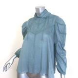 Doen Albertine High Neck Pintucked Top Blue Lace-Trimmed Cotton Size Small