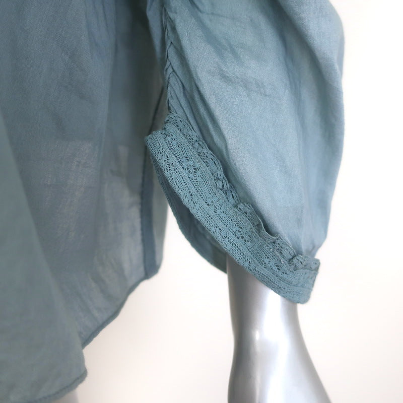 Doen Albertine High Neck Pintucked Top Blue Lace-Trimmed Cotton Size Small