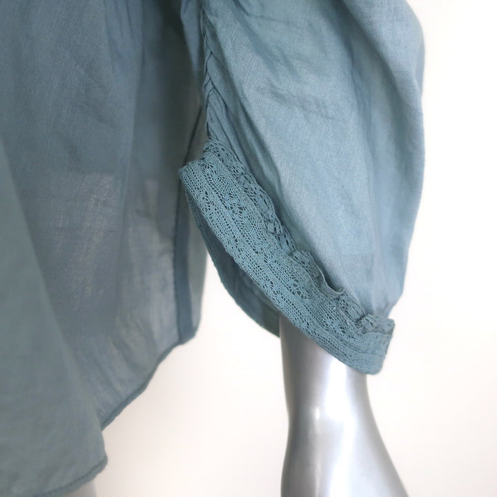 Doen Albertine High Neck Pintucked Top Blue Lace-Trimmed Cotton Size Small