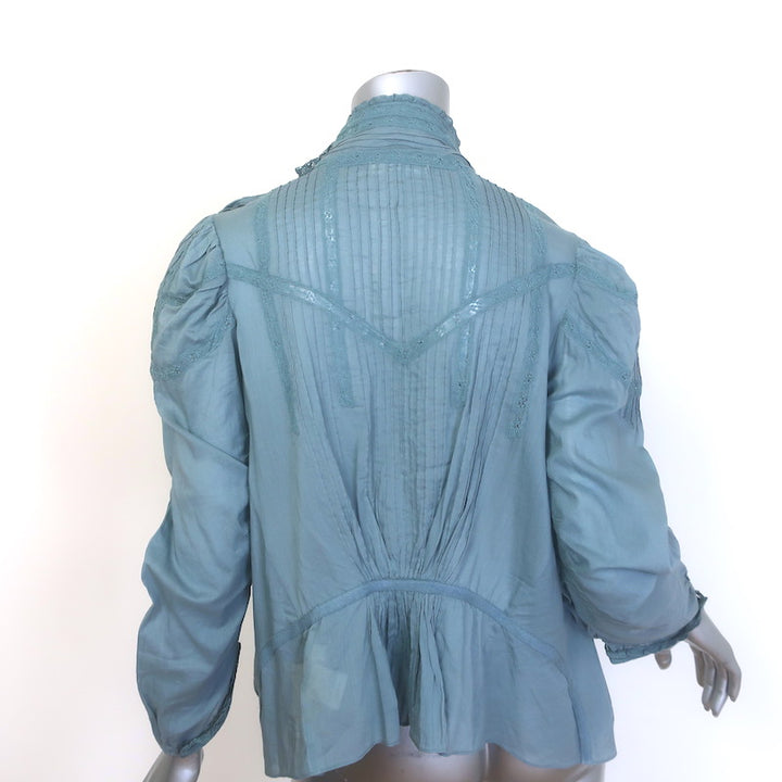 Doen Albertine High Neck Pintucked Top Blue Lace-Trimmed Cotton Size Small