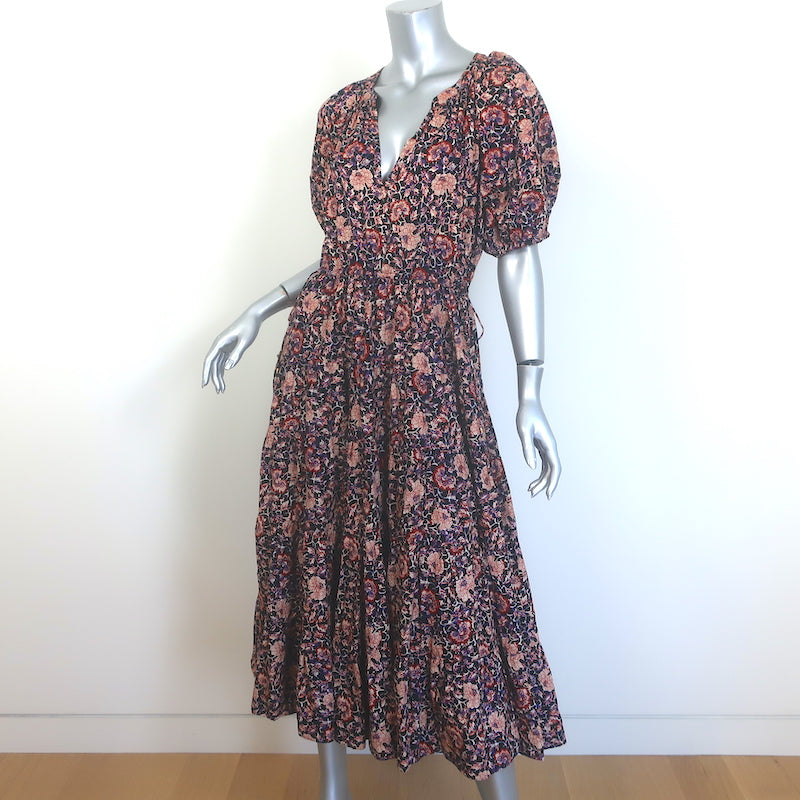 Ulla Johnson Claribel Puff Sleeve Tiered Midi Dress Black Floral Print Size 6
