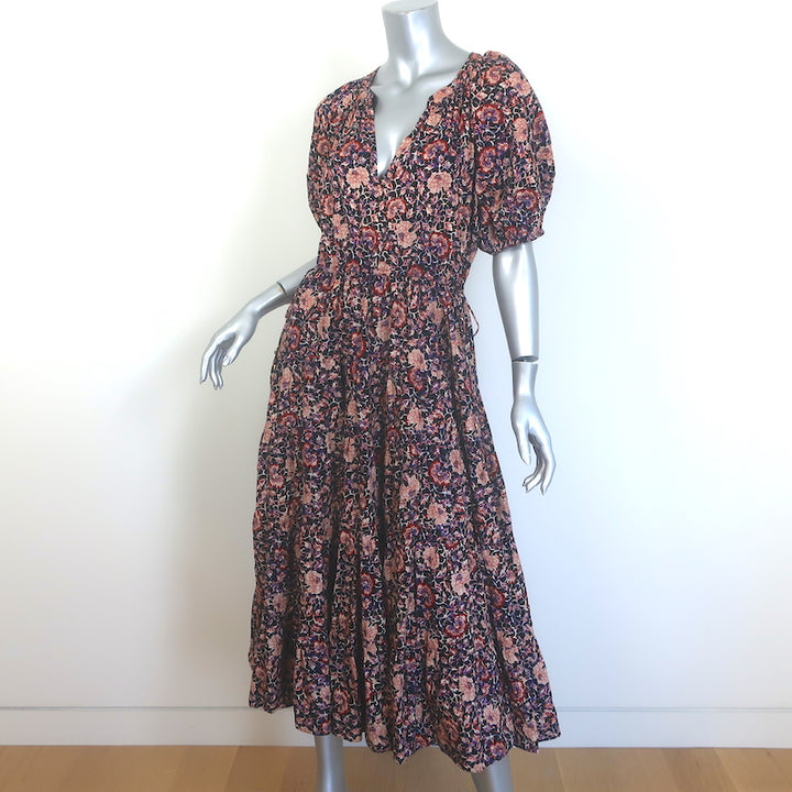 Ulla Johnson Claribel Puff Sleeve Tiered Midi Dress Black Floral Print Size 6