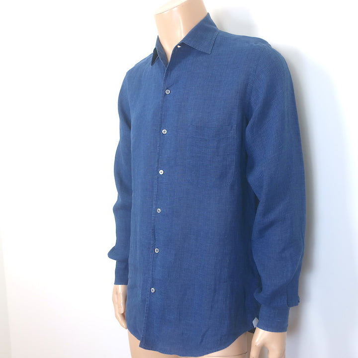 Loro Piana Andre Micro-Check Button Down Shirt Blue Linen Size Small