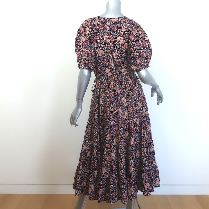 Ulla Johnson Claribel Puff Sleeve Tiered Midi Dress Black Floral Print Size 6