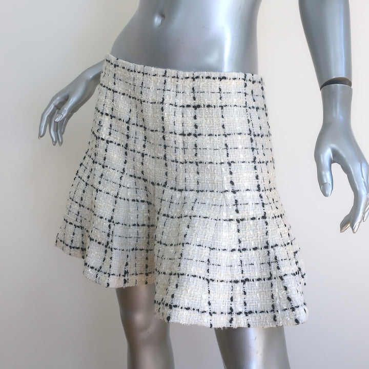 Alice + Olivia Zona Checked Tweed Godet Mini Skirt Cream/Black Size 10 NEW