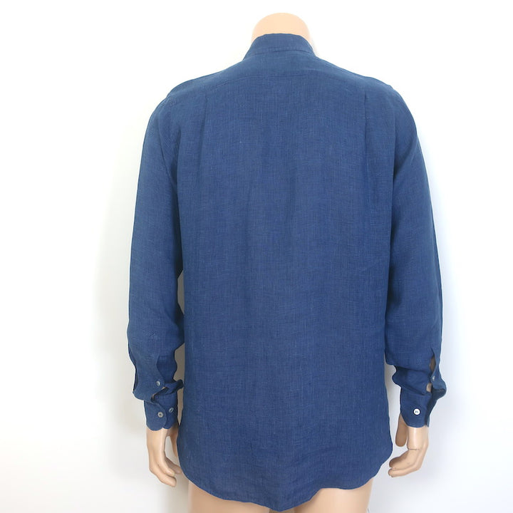 Loro Piana Andre Micro-Check Button Down Shirt Blue Linen Size Small