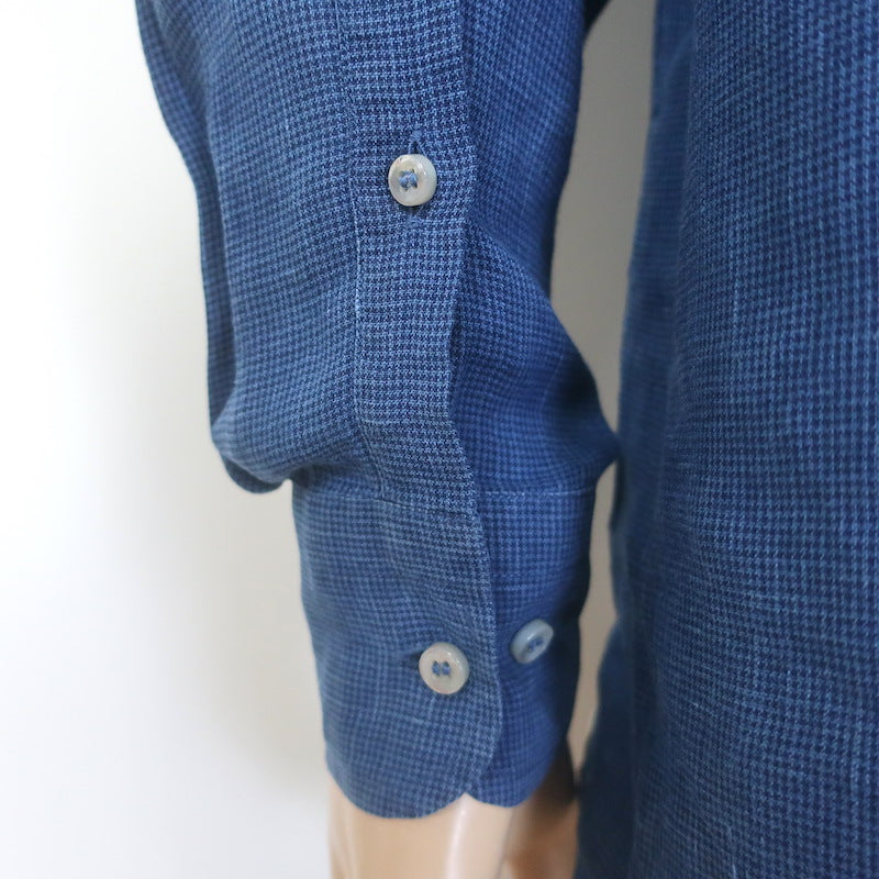 Loro Piana Andre Micro-Check Button Down Shirt Blue Linen Size Small
