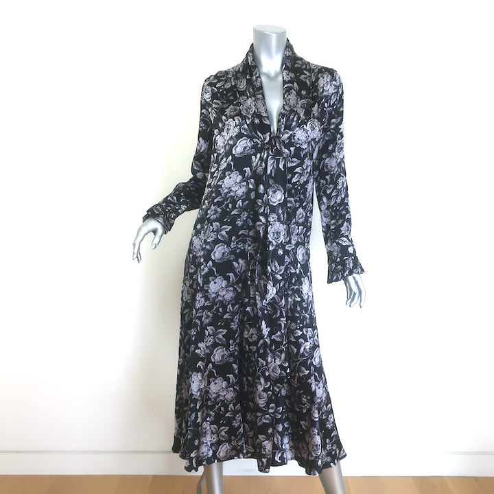 Evi Grintela Belted Midi Shirt Dress Black Floral Print Silk Satin Size Small