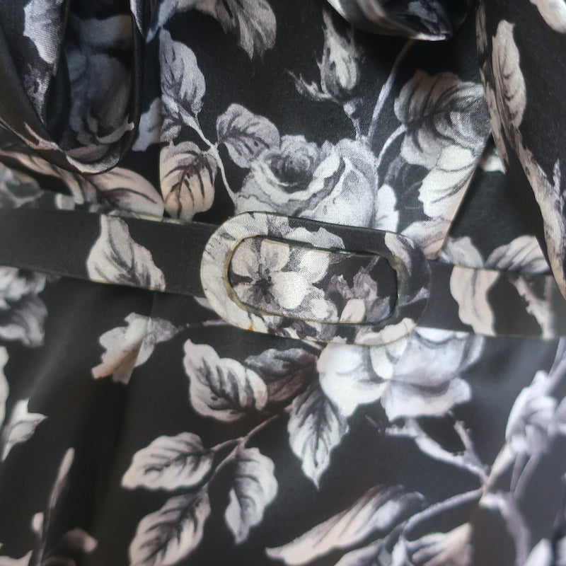 Evi Grintela Belted Midi Shirt Dress Black Floral Print Silk Satin Size Small