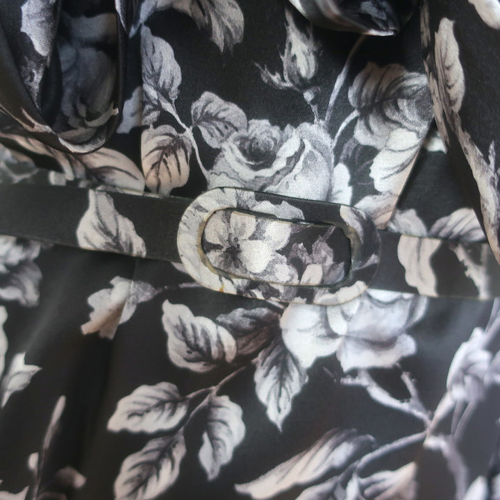 Evi Grintela Belted Midi Shirt Dress Black Floral Print Silk Satin Size Small