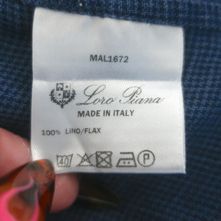 Loro Piana Andre Micro-Check Button Down Shirt Blue Linen Size Small