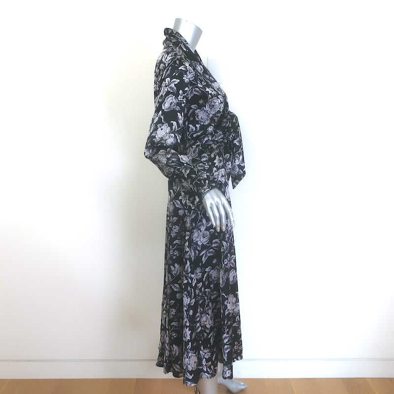 Evi Grintela Belted Midi Shirt Dress Black Floral Print Silk Satin Size Small