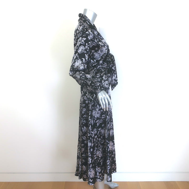 Evi Grintela Belted Midi Shirt Dress Black Floral Print Silk Satin Size Small