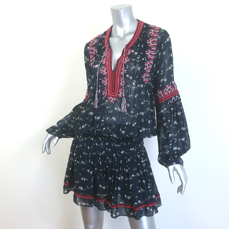 Ulla Johnson Gita Embroidered Blouson Mini Dress Black Floral Print Size 6