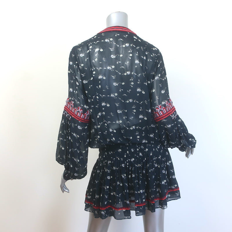 Ulla Johnson Gita Embroidered Blouson Mini Dress Black Floral Print Size 6