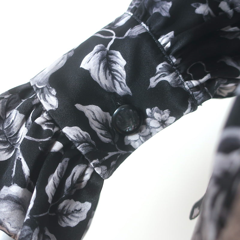Evi Grintela Belted Midi Shirt Dress Black Floral Print Silk Satin Size Small