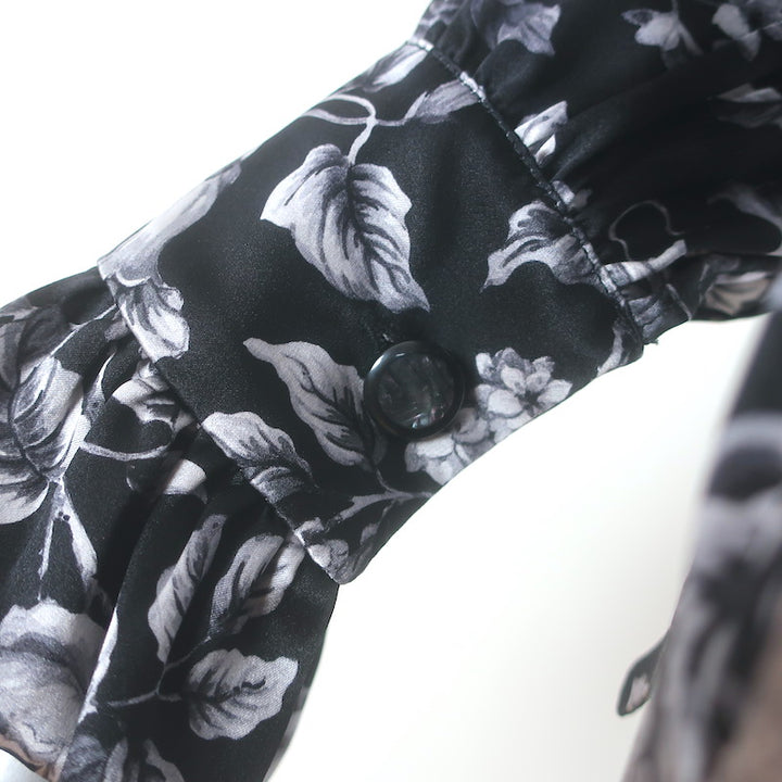 Evi Grintela Belted Midi Shirt Dress Black Floral Print Silk Satin Size Small