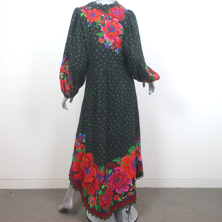 FARM Rio Blooming Garden Long Sleeve Maxi Dress Black Linen-Blend Size Medium