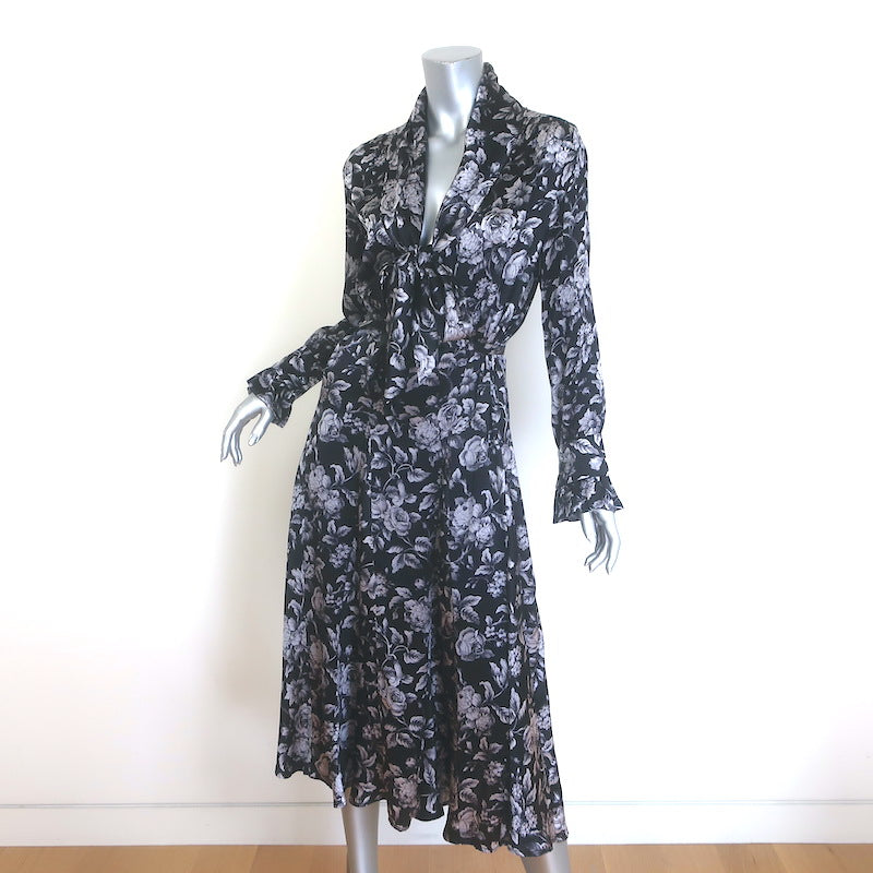 Evi Grintela Belted Midi Shirt Dress Black Floral Print Silk Satin Size Small