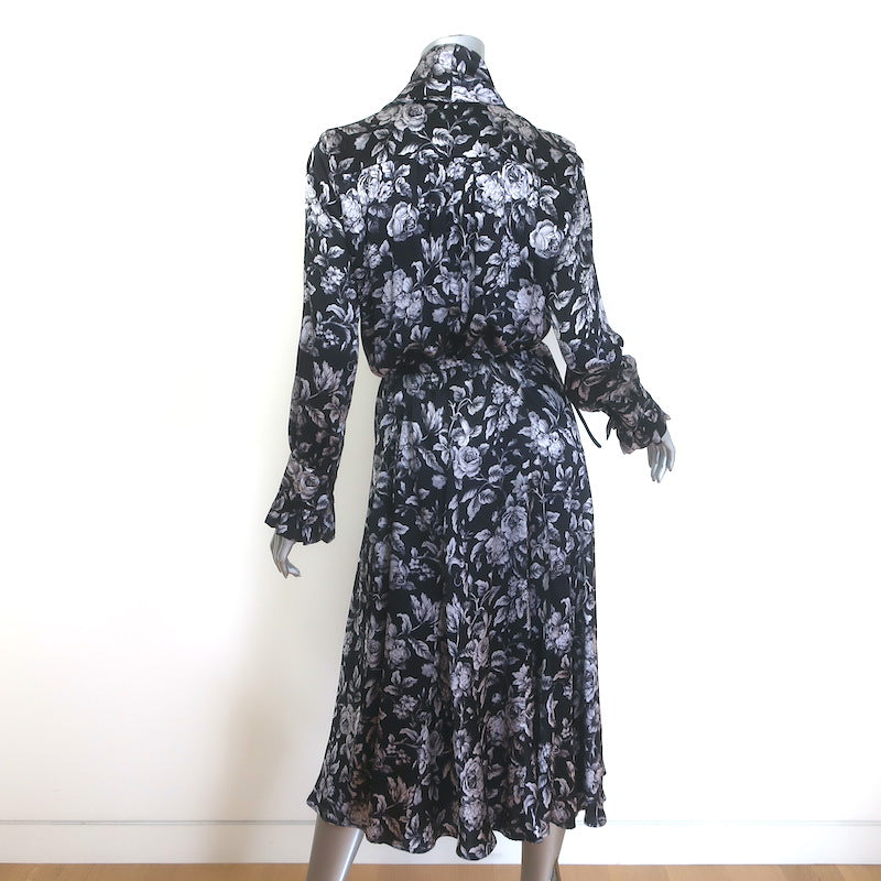 Evi Grintela Belted Midi Shirt Dress Black Floral Print Silk Satin Size Small
