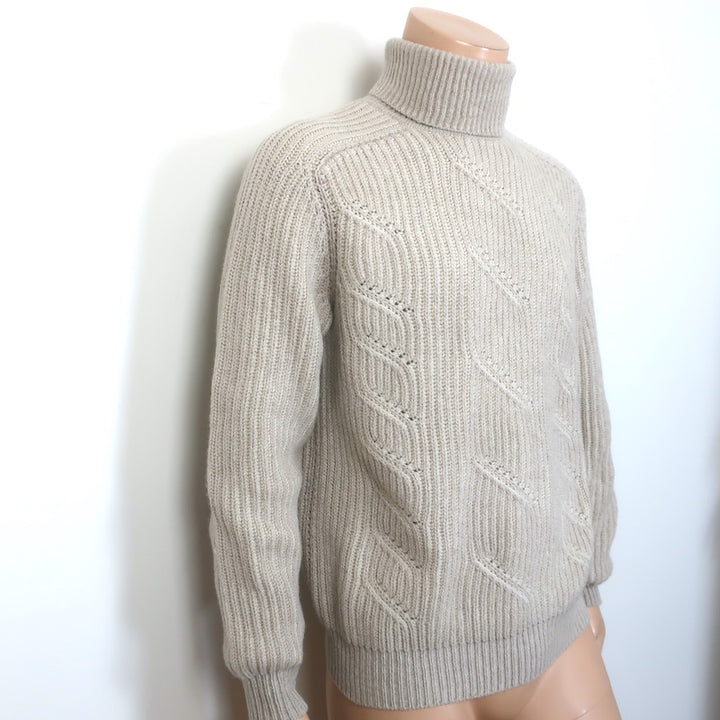 Loro Piana Cabled Cashmere Turtleneck Sweater Oatmeal Size 48
