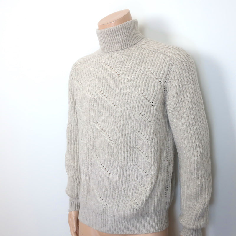 Loro Piana Cabled Cashmere Turtleneck Sweater Oatmeal Size 48