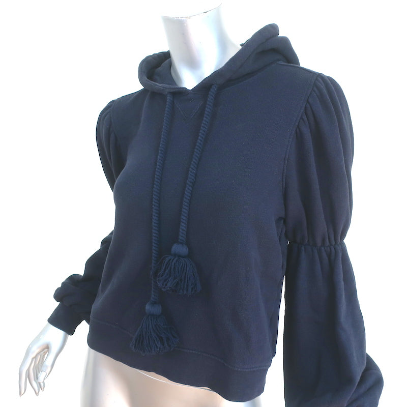 Ulla Johnson Tassel Hoodie Sacha Navy Cotton Size Petite Cropped Sweatshirt