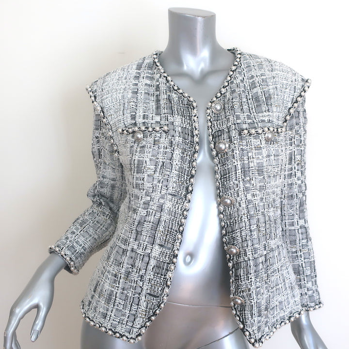 Chanel Pearl-Trimmed Metallic Lesage Jacket Silver/White Wool-Blend Size 40