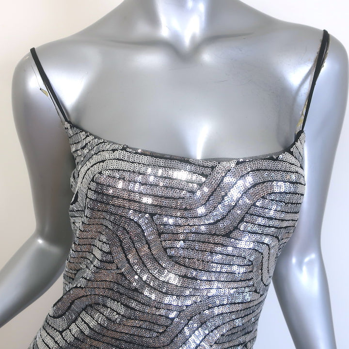 Halston Reine Deco Sequin Gown Silver Size 10 Spaghetti Strap Maxi Dress