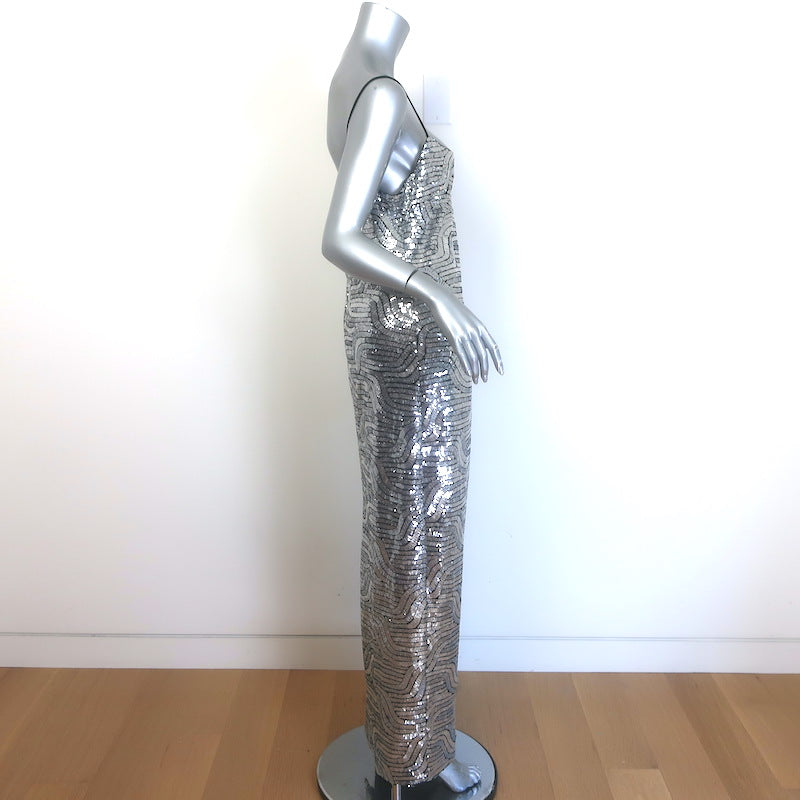 Halston Reine Deco Sequin Gown Silver Size 10 Spaghetti Strap Maxi Dress