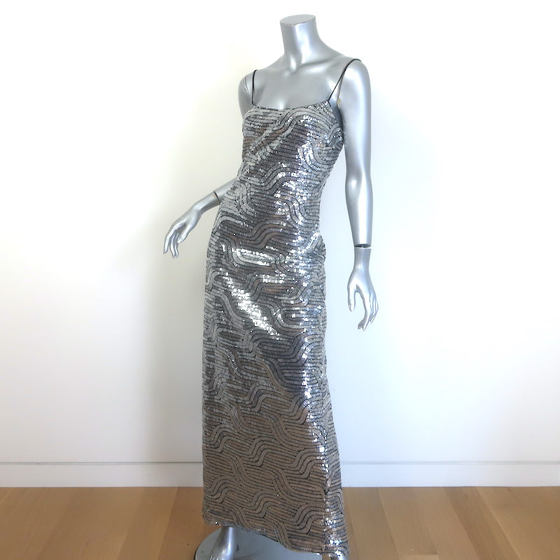 Halston Reine Deco Sequin Gown Silver Size 10 Spaghetti Strap Maxi Dress