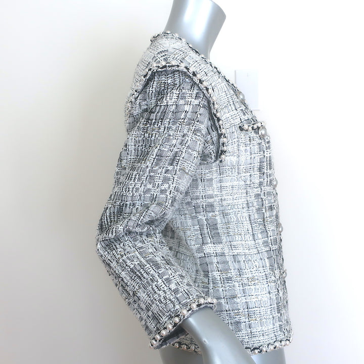 Chanel Pearl-Trimmed Metallic Lesage Jacket Silver/White Wool-Blend Size 40